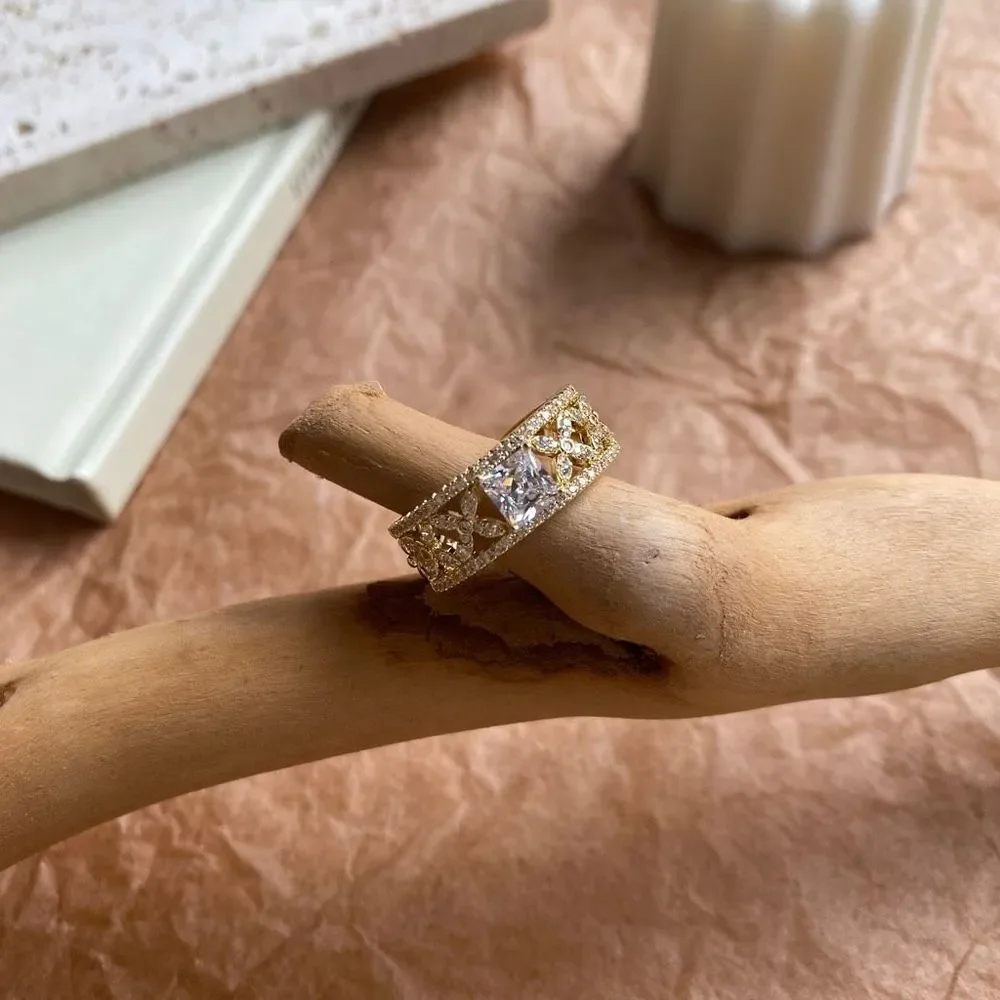 18K Gold Plated Princess Cut Cross Pave Band Ring